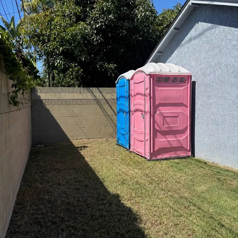 Pink and blue portable toilets placed beside a garage for a backyard party