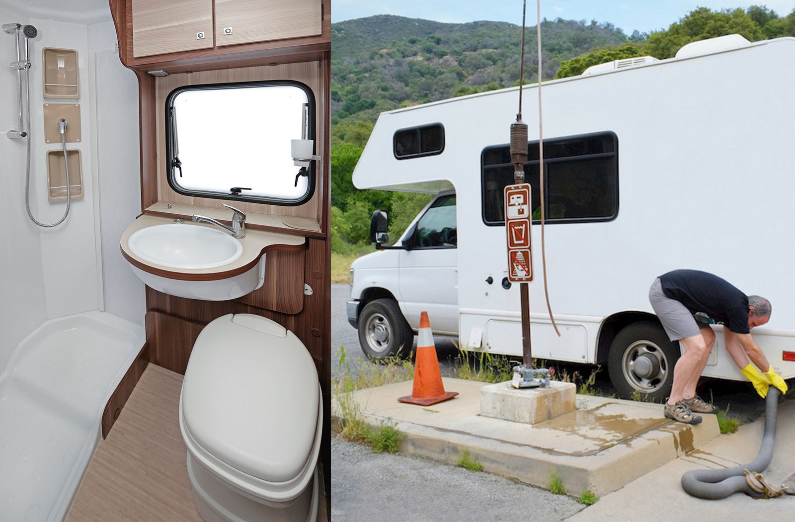 Portable RV/camper toilet and holding tank setup in Brentwood, California